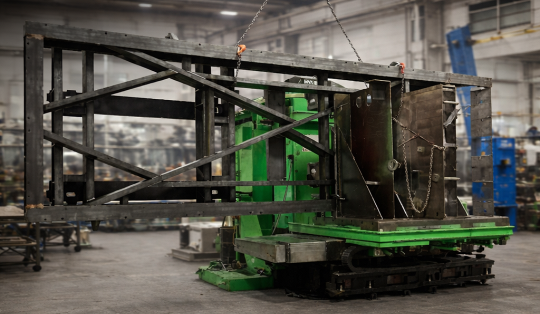 Square-format image of a large industrial steel frame suspended by chains from an overhead hoist, centered inside a spacious custom machine shop. The full metal structure is visible, positioned above a green machining center, with a wide factory background featuring overhead lights, concrete floors, and blurred workshop equipment.