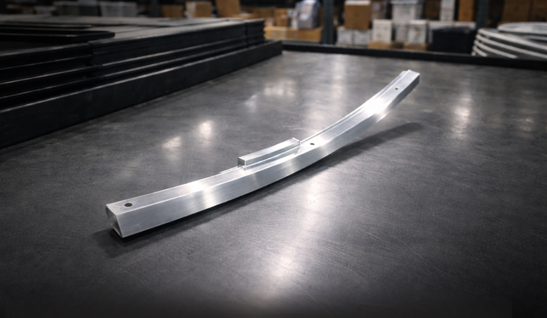 Curved CNC machined aluminum component with precision edges on industrial workbench