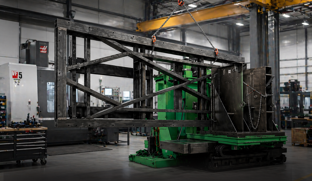 Large fabricated steel frame mounted on a precision machining center inside an industrial machine shop for post-weld machining and alignment.
